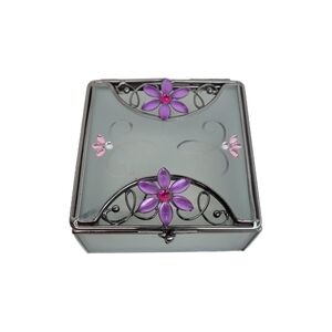 Vintage Frosted Glass Jewelry Trinket Box with Hinged  Lid Pink Jewels Etched